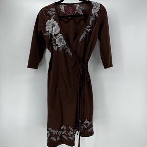 JWLA Johnny Was brown wrap dress with floral embroidery sz xs
